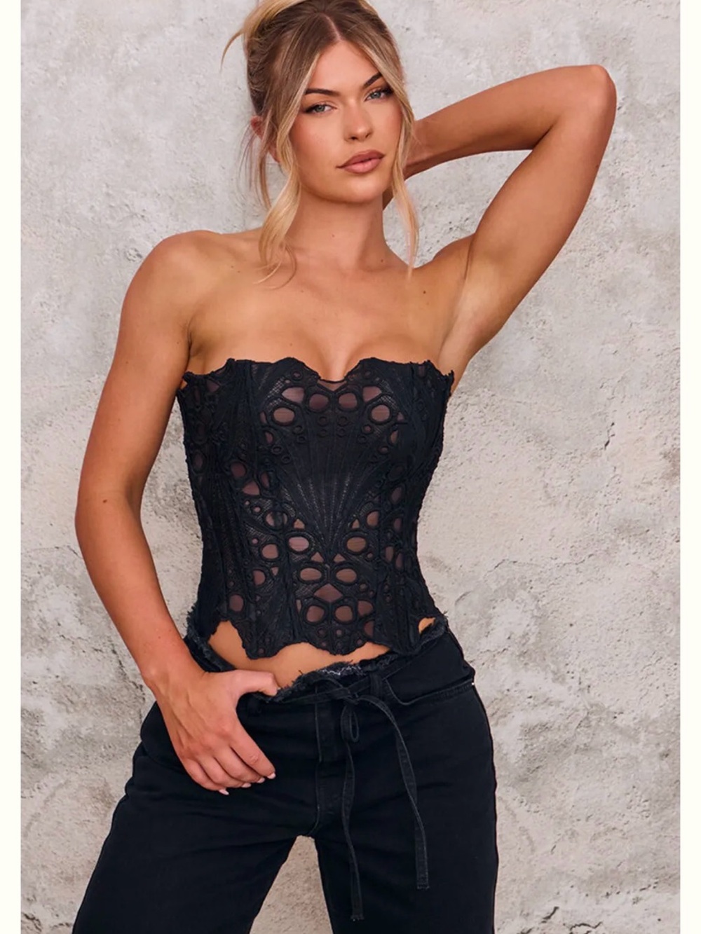 PrettyLittleThing Black Strapless Crochet Corset Top